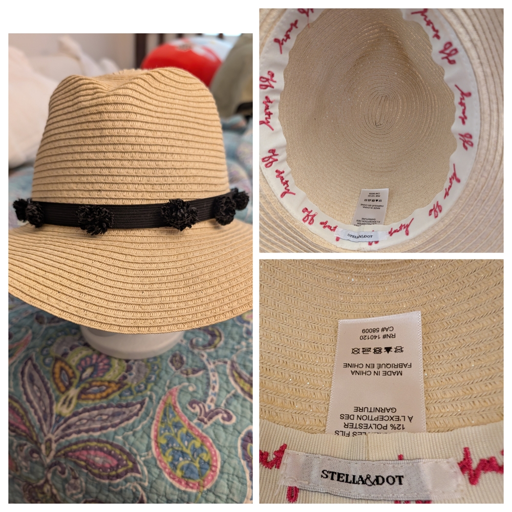 Stella & Dot Natural Straw Hat with Black Floral Band